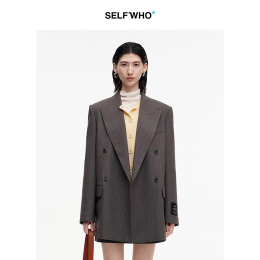 SELFWHO双排扣暗条纹西装外套女2025秋新款时尚通勤百搭垫肩西服 商品图0