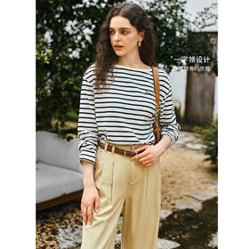 OLrain欧芮儿2025新款女秋季休闲一字领宽松刺绣条纹T恤长袖上衣