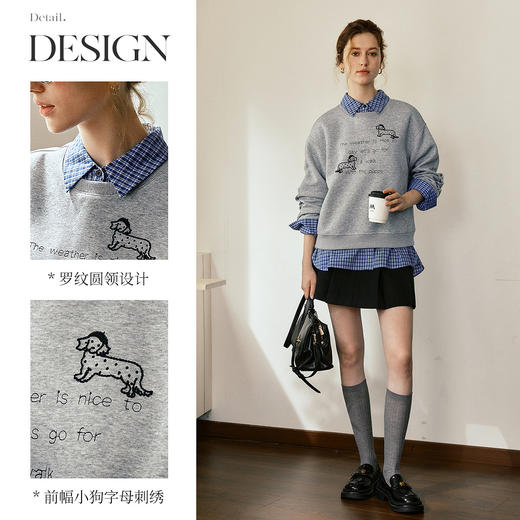 OLrain欧芮儿美式休闲刺绣上衣女秋季2025新款花灰色圆领套头卫衣 商品图1