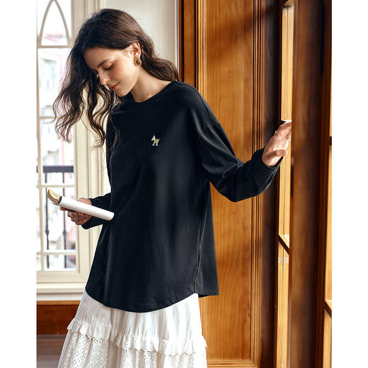 OLrain欧芮儿黑色休闲百搭女秋季2025新款宽松中长款磨毛长袖T恤 商品图3