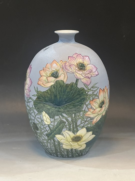 【高温哑光蓝 颜色釉堆画荷香】