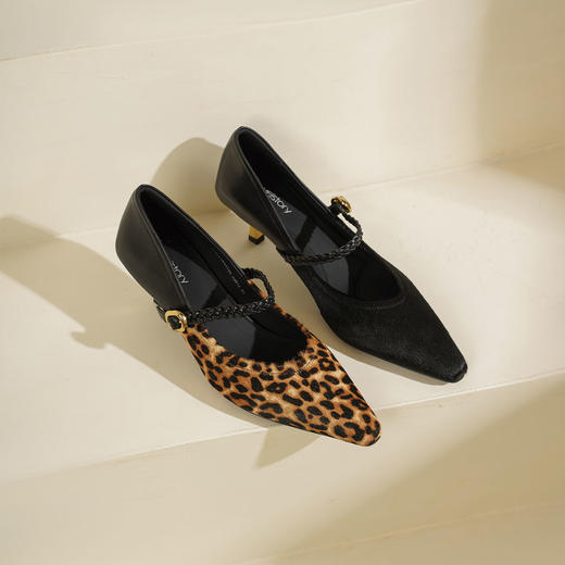 Westory2025年秋季中跟小方头复古玛丽珍牛毛皮拼接通勤休闲浅口单鞋S25CE76441 商品图0