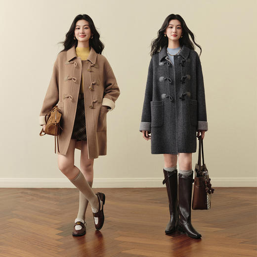 【严选】诗凡黎绵羊毛牛角扣小翻领毛呢外套2025秋新款学院风双面呢大衣女7G9170321 商品图1
