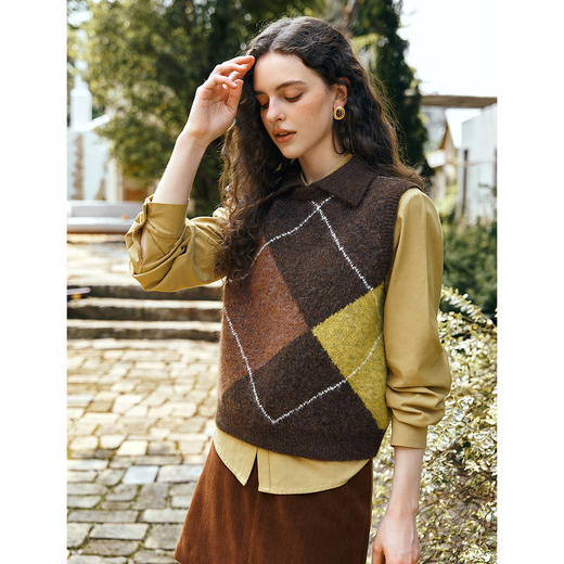 OLrain欧芮儿法式翻领菱格提花毛织马甲女秋季2025新款慵懒风上衣 商品图0