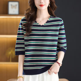 CC 5-6515秋装短袖针织衫显瘦遮肉V领上衣条纹洋气
