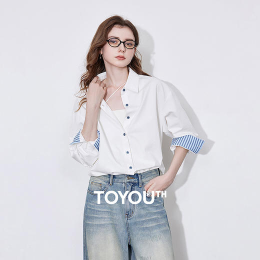 初语条纹翻袖衬衫女时装感上班通勤上衣高级感气质纯棉衬衣 商品图0