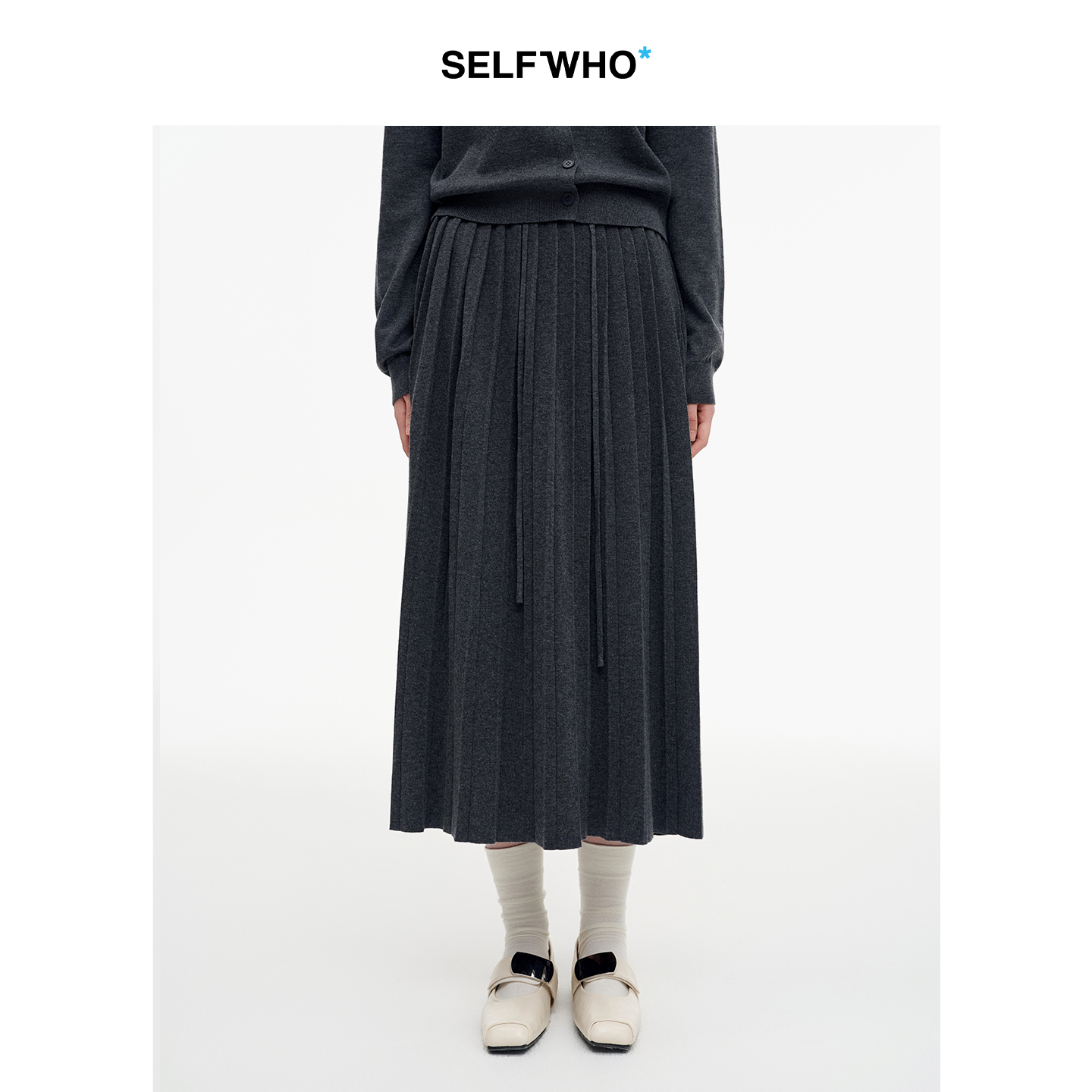 SELFWHO绵羊毛混纺松紧抽绳A字半身裙女2025秋新款垂感压褶百褶裙