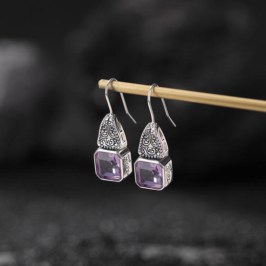 天然紫水晶S925纯银方形切面花纹，复古民族风银耳钩耳坠现货CW-EG02282 商品图0