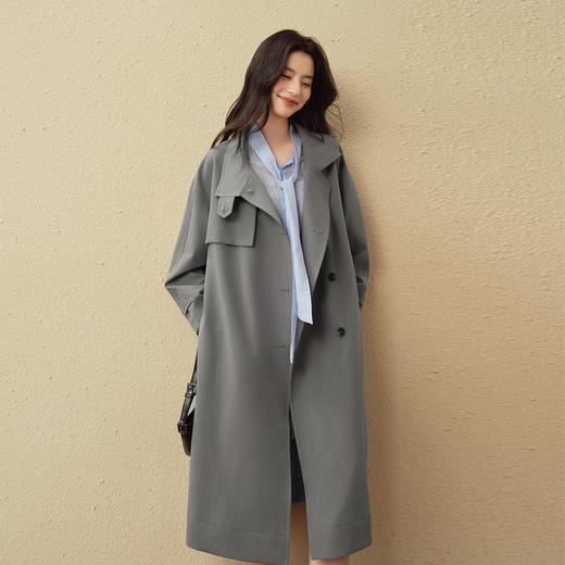 【严选】诗凡黎英伦风灰色立领风衣2025秋新款百搭显瘦斜纹长款通勤外套女7G8460361 商品图0