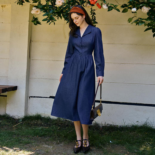 OLrain欧芮儿2025新款女秋季法式蓝色复古收腰系带翻领牛仔连衣裙 商品图0
