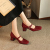 【预售5天】文艺复古酒红色真皮单鞋气质小羊皮褶皱方头高跟玛丽珍鞋女WC&M2576 商品缩略图1