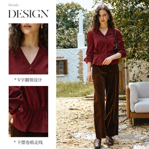 OLrain欧芮儿2025新款女秋季气质复古红通勤收腰灯芯绒翻领衬衫 商品图1