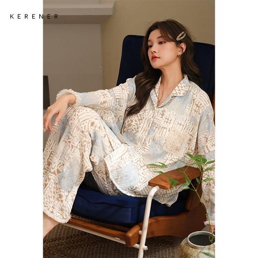 可人儿春秋季带bra泡泡绵女士长袖长裤睡衣可外出小众家居服套装 商品图1