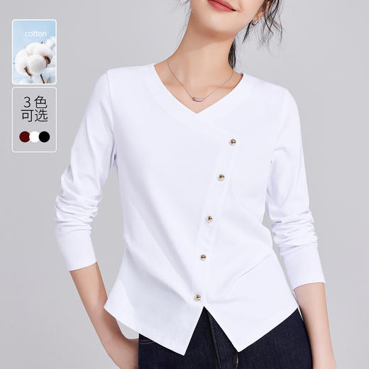 「自j」全新升级【铂金会员119/天猫159/差价40】(11136)洛诗琳新款设计感不规则纽扣上衣2025秋季V领正肩长袖T恤 商品图0
