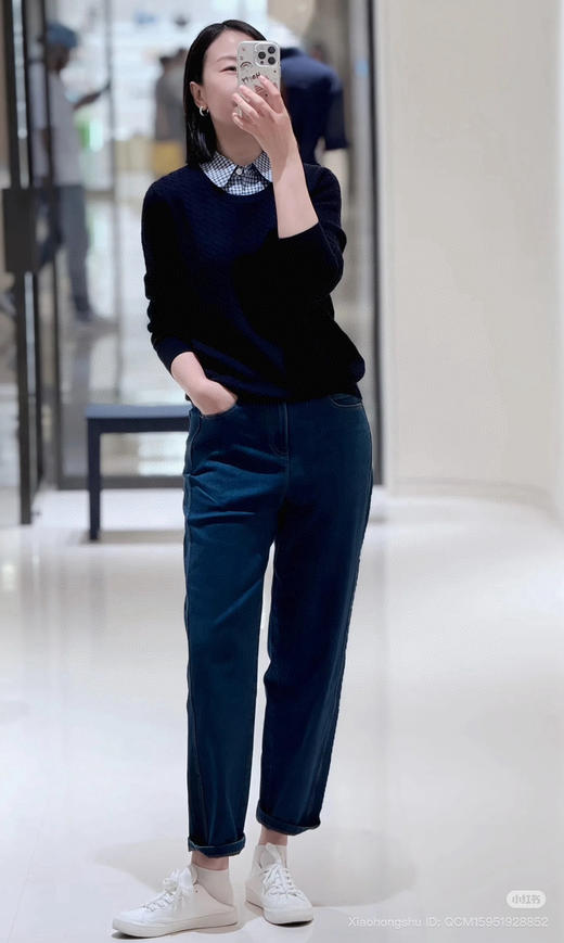 820-2 不要拒绝我 排他性独家圆正 小禾 彼得潘拼接格子衬衫领 绵羊毛针织中袖/长袖 商品图1