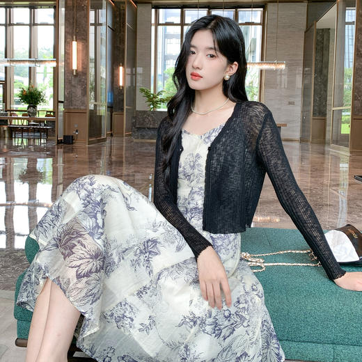 奢姿大码女装2025秋装新款胖妹妹镂空针织衫吊带小V领套装连衣裙9953953225AB 商品图2