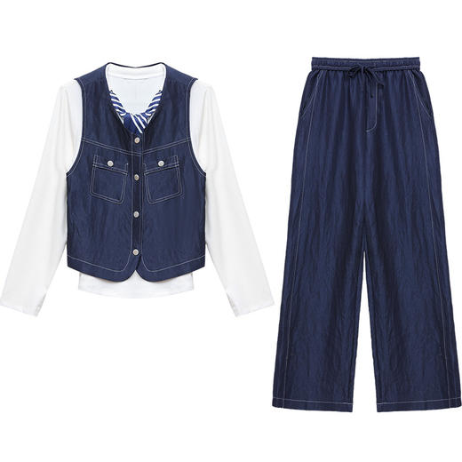 QYM 25A07-Y时尚三件套裤牛仔套装马甲+小衫+直筒阔腿裤套装 商品图4