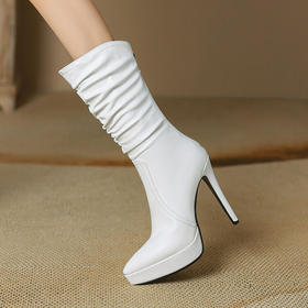 BZ48S8ypti超高跟中筒靴 时尚白色细跟秋冬单靴 防水台冬季女鞋靴子