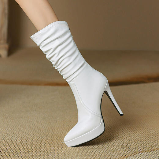 BZ48S8ypti超高跟中筒靴 时尚白色细跟秋冬单靴 防水台冬季女鞋靴子 商品图0