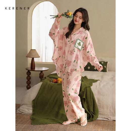 可人儿春秋季带bra泡泡绵女士长袖长裤睡衣可外出小众家居服套装 商品图1