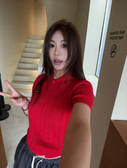 820-1 限时特 心凌同款 miu正红色 丝羊绒 翻领polo短袖 我穿XL 商品图4