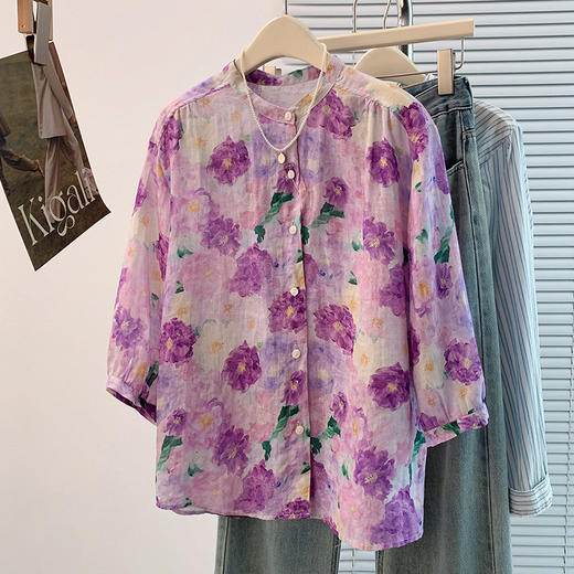 GYH 1370气质紫色花花朵印花上衣休闲气质立领衬衫 商品图1