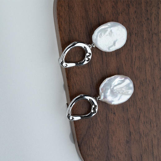 铜合金 圆盘巴洛克淡水珍珠耳环 商品图3