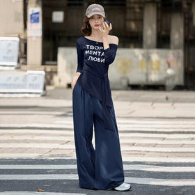 HR YJLY8603韩版露肩斜领绑带字母印花T恤套装宽松阔腿裤两件套