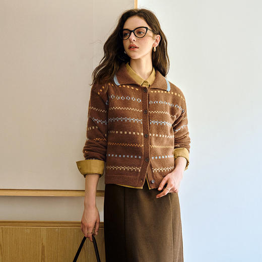 OLrain欧芮儿休闲复古翻领宽松慵懒毛衣开衫女秋季2025新款上衣 商品图0