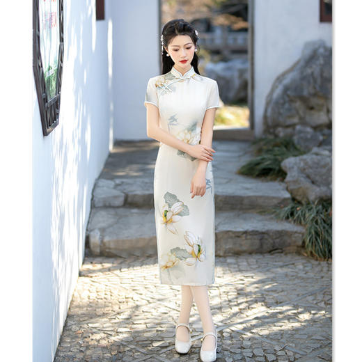 仿醋酸长款短袖旗袍复古国风中式旗袍SYK801064 商品图3