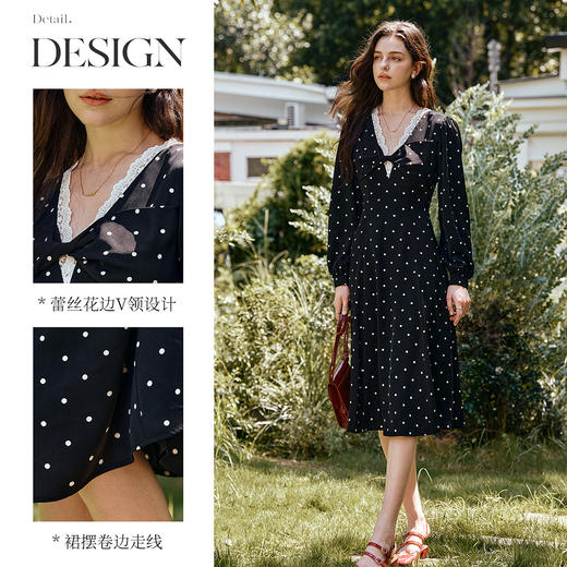 OLrain欧芮儿黑色波点V领扭结收腰显瘦系带连衣裙女秋季2025新款 商品图1