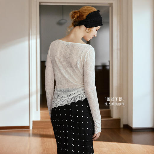 OLrain欧芮儿法式荡领蕾丝针织衫修身打底衫秋季2025新款长袖上衣 商品图1