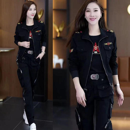 工装裤套装新款迷彩服套装女短外套迷彩工装长裤修身水兵舞服秋装 商品图1