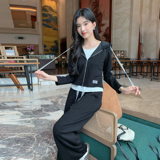 奢姿大码女装2025秋季减龄花边抽绳连帽时尚两件套胖妹妹休闲套装9953969886 商品图2