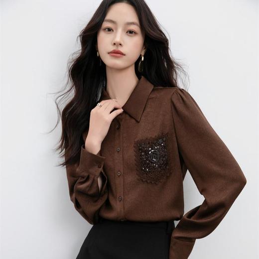 「自」全新升级【铂金会员174/天猫229/差价55】(03351)洛诗琳法式气质蕾丝拼接衬衫2025秋季精致刺绣雪纺上衣女 商品图2