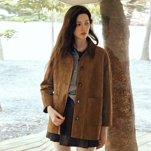 OLrain欧芮儿2025新款女秋季撞色翻领设计感宽松休闲仿麂皮绒外套 商品图0