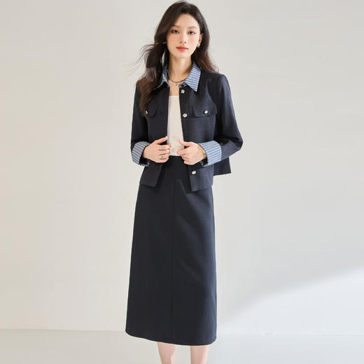 「高货sh」全新升级【铂金会员441/天猫599/差价158】(99408)洛诗琳秋季条纹拼接小西服外套高腰直筒半身裙两件套女 商品图4