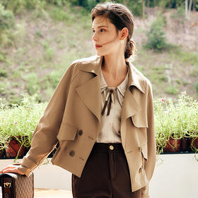 OLrain欧芮儿法式短款风衣外套翻驳领女秋季2025新款抽绳气质薄款