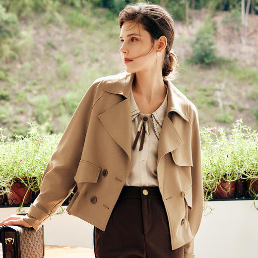 OLrain欧芮儿法式短款风衣外套翻驳领女秋季2025新款抽绳气质薄款 商品图0