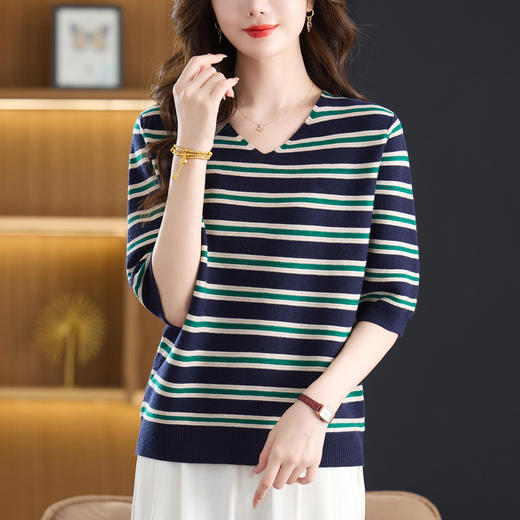 CC 5-6515秋装短袖针织衫显瘦遮肉V领上衣条纹洋气 商品图2