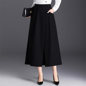 QYM 2585-Y时尚A字裙开衩压褶裙中长款高腰半身裙