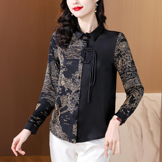 KQL E333M3缎面衬衣印花拼接中式复古盘扣妈妈上衣 商品图2