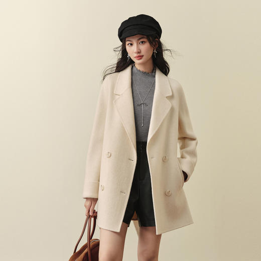 【严选】诗凡黎羊毛翻领双排扣毛呢外套2025秋新款赫本风一手长双面呢大衣7G8470311 商品图3