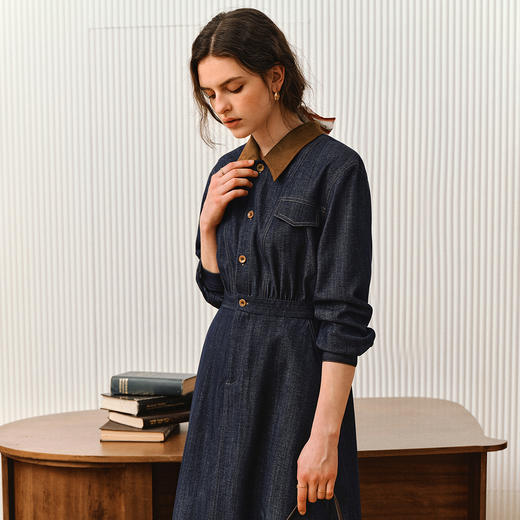 OLrain欧芮儿2025新款女秋季法式撞色翻领收腰仿牛仔连衣裙衬衫裙 商品图2