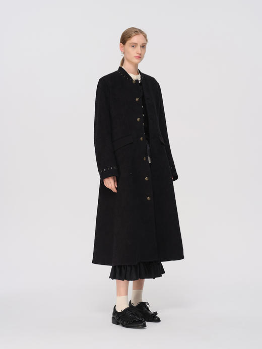 Renlisu 25AW 石墨黑羊毛浮雕提花长外套 商品图4