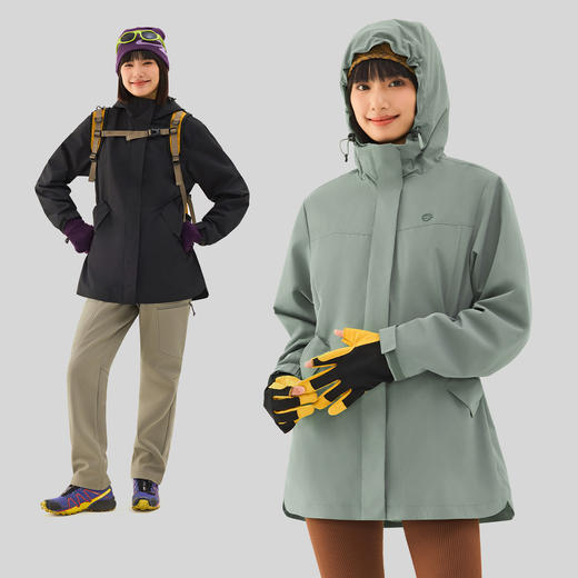 探拓户外软壳衣女加绒防风防泼水透气徒步登山中长款收腰连帽外套 商品图2