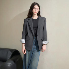 西遇气质通勤格纹袖口翻领垫肩西装外套女秋季百搭休闲西服V2751143