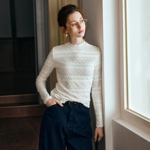 OLrain欧芮儿小高领套头蕾丝打底衫2025秋季新款法式长袖打底上衣 商品图0