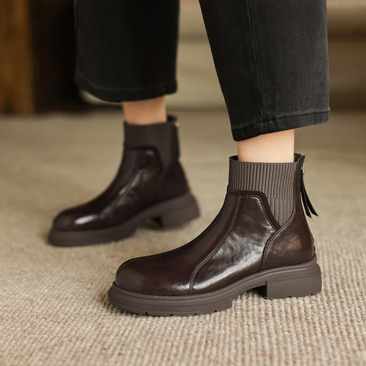 阿么手工女鞋英伦风针织毛线筒圆头短靴新款透气百搭及踝靴3.5CM 商品图4