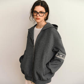 OLrain欧芮儿2025新款秋慵懒休闲费尔岛落肩袖灰色连帽卫衣外套女